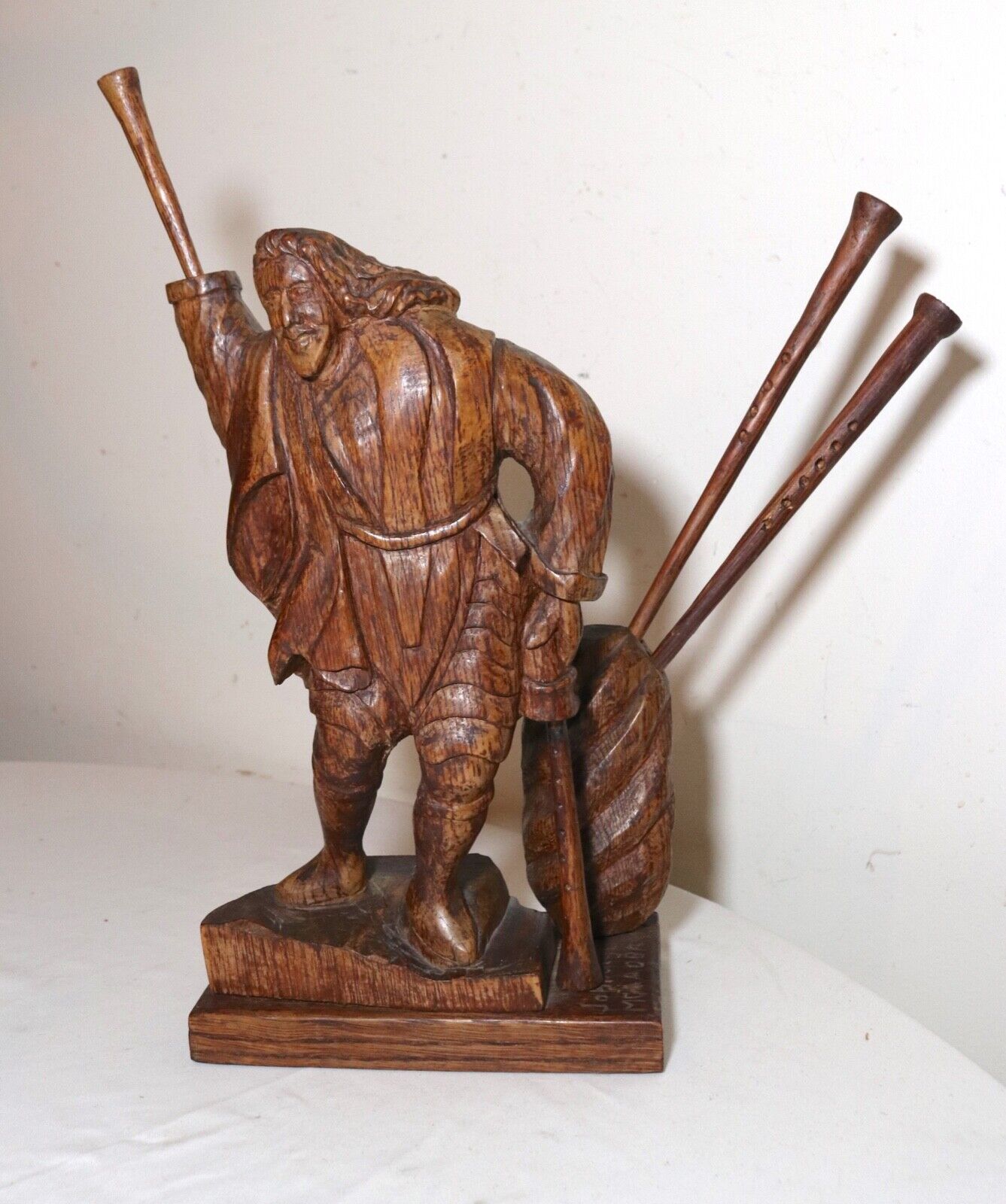 obscure antique Folk Art hand carved wood figural man trumpet sculpture statue 