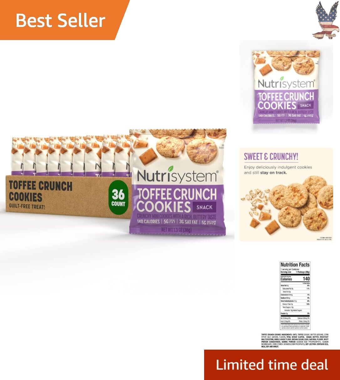 Toffee Crunch Cookies - Guilt-Free High Fiber Protein Snacks - Healthy - 36ct