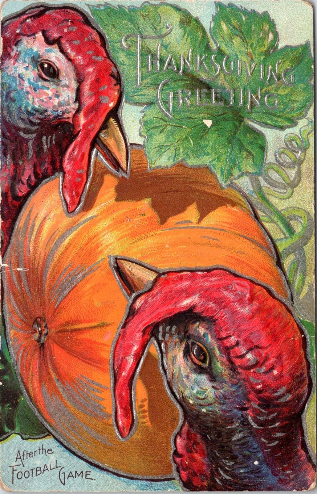 Thanksgiving Greetings After Football Game Embossed Postcard Turkeys Pumpkin