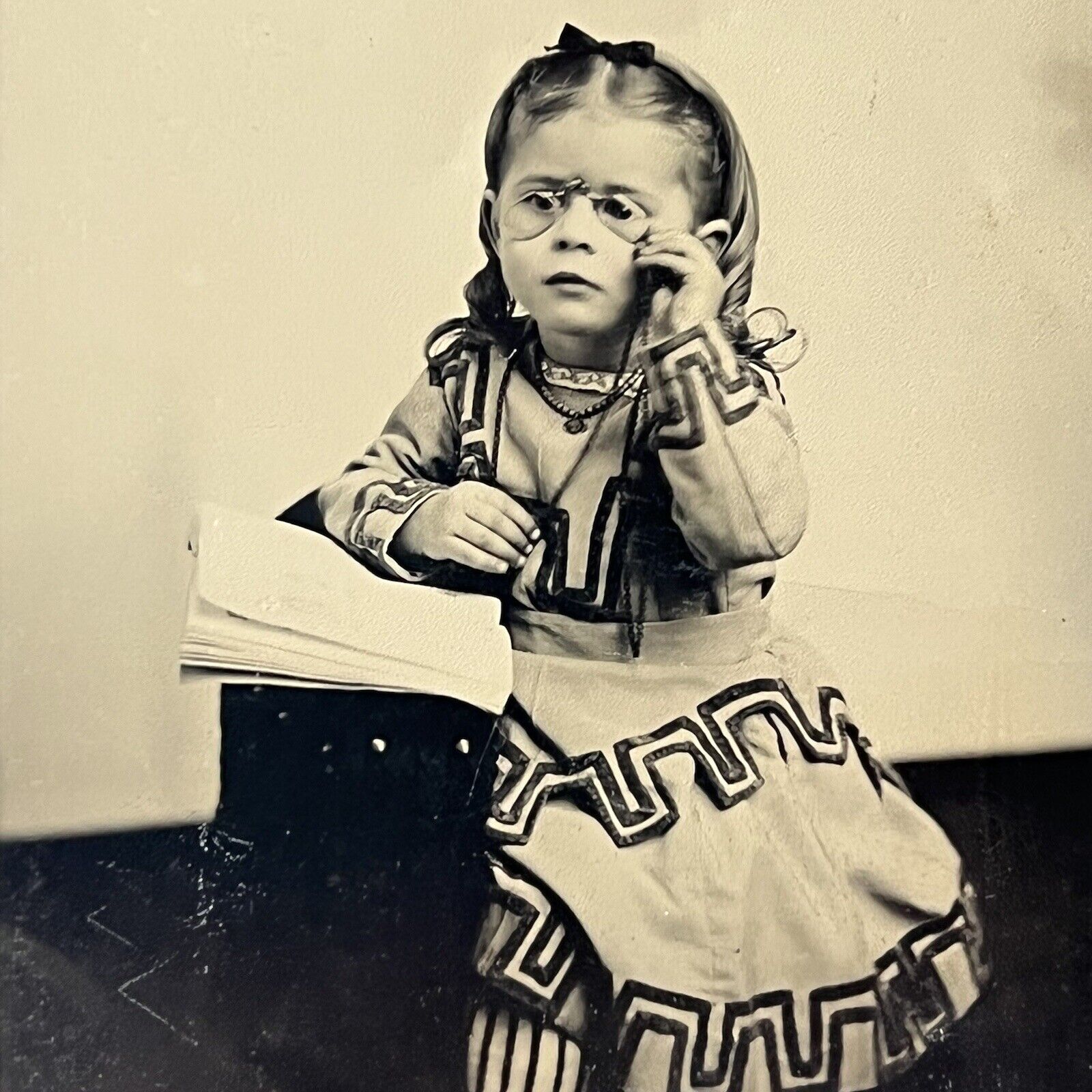 Antique Tintype Photograph Adorable Little Girl Reading Glasses Book Great Dress