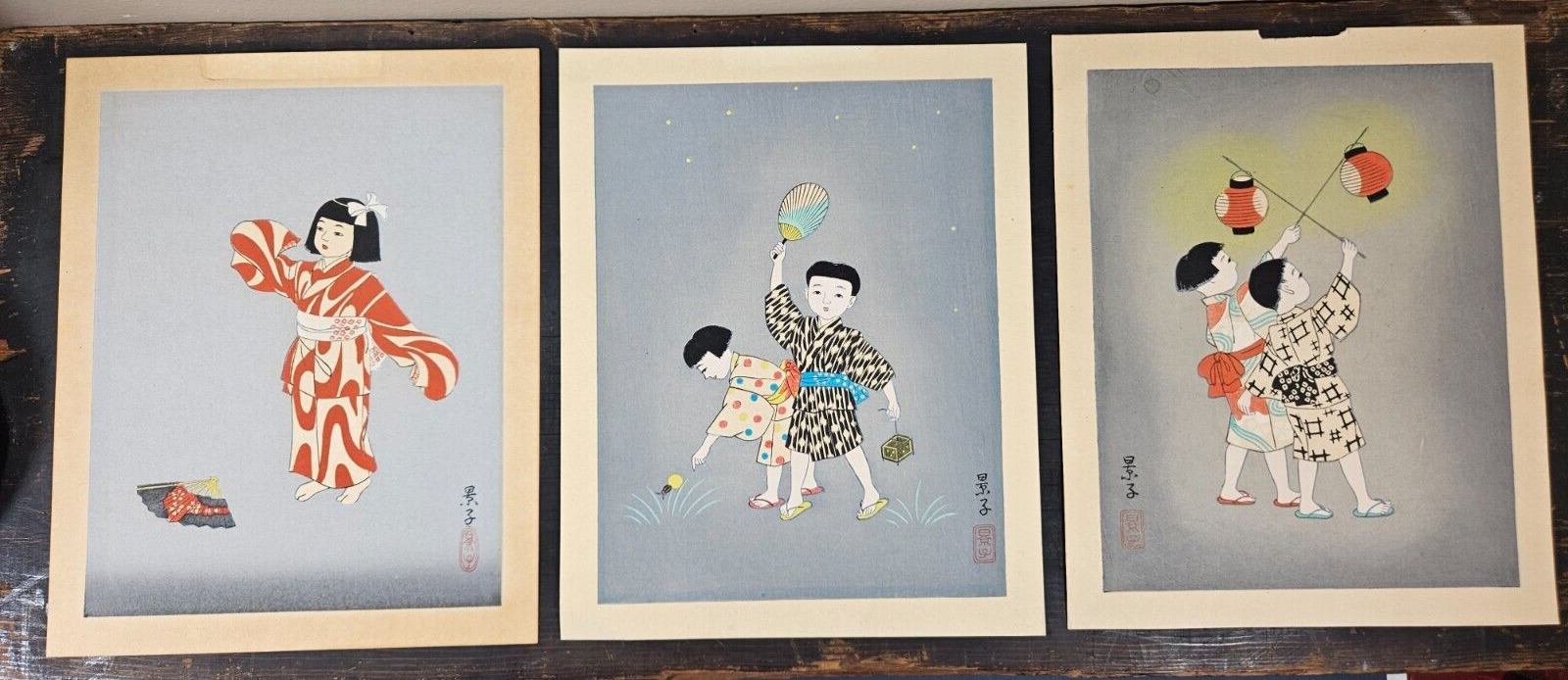 Keiko Yurimoto Japanese Children Wood Block Prints Custom Framed Set of 3