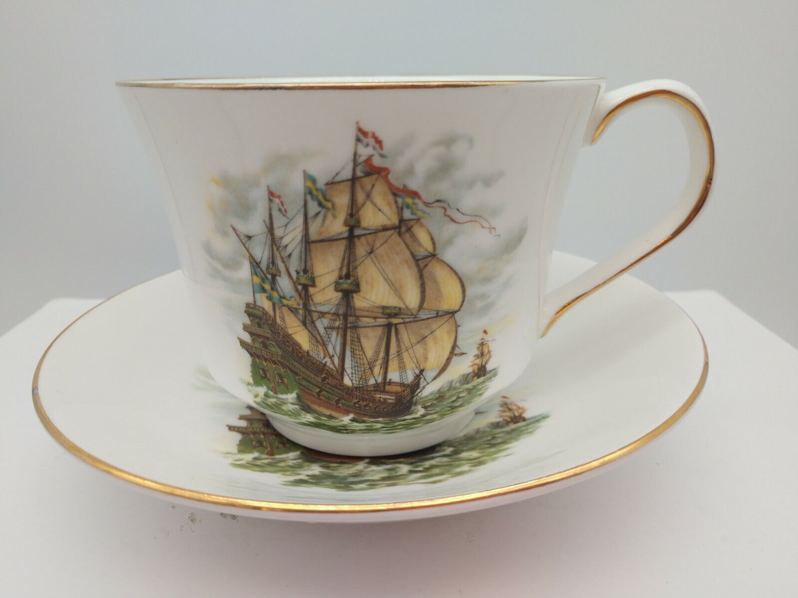 Vintage Large Staffordshire Bone China Cup and Saucer/Sailing Ship Elizabethan 
