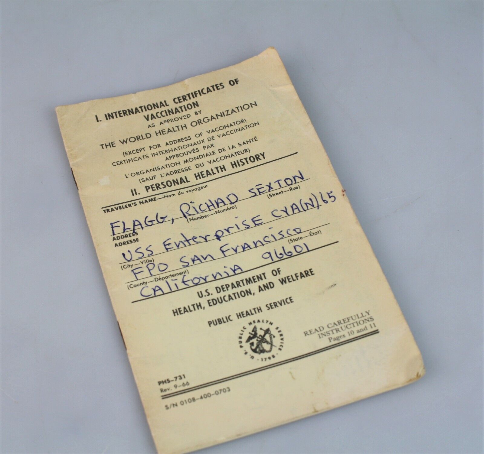 Vintage International Certificate Vaccination Health Department 1967