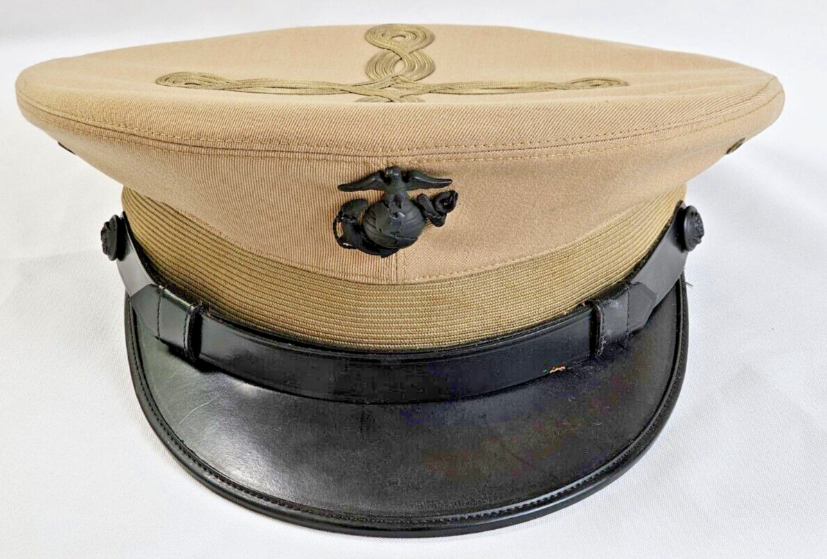 Vietnam War USMC Marine Corps Officers Dress Tan Visor Hat Cap Cover w USMC Pin