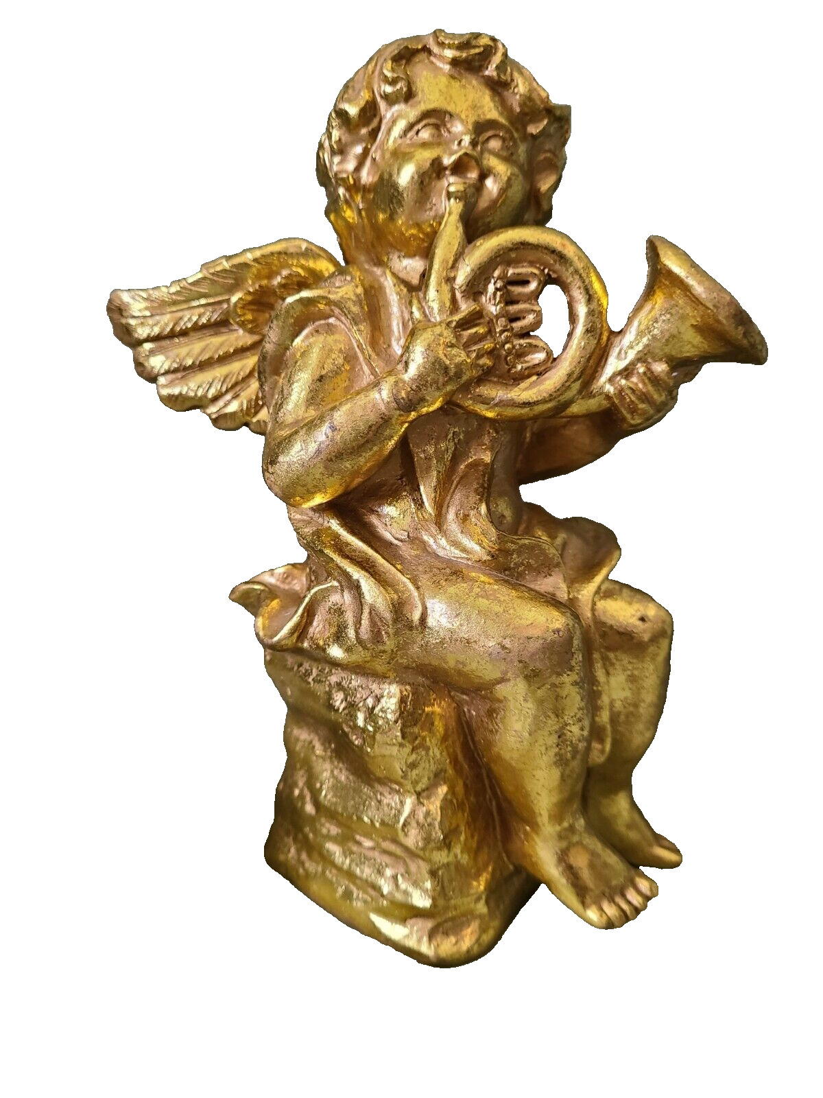 Gold Cherub Sitting Playing a Horn