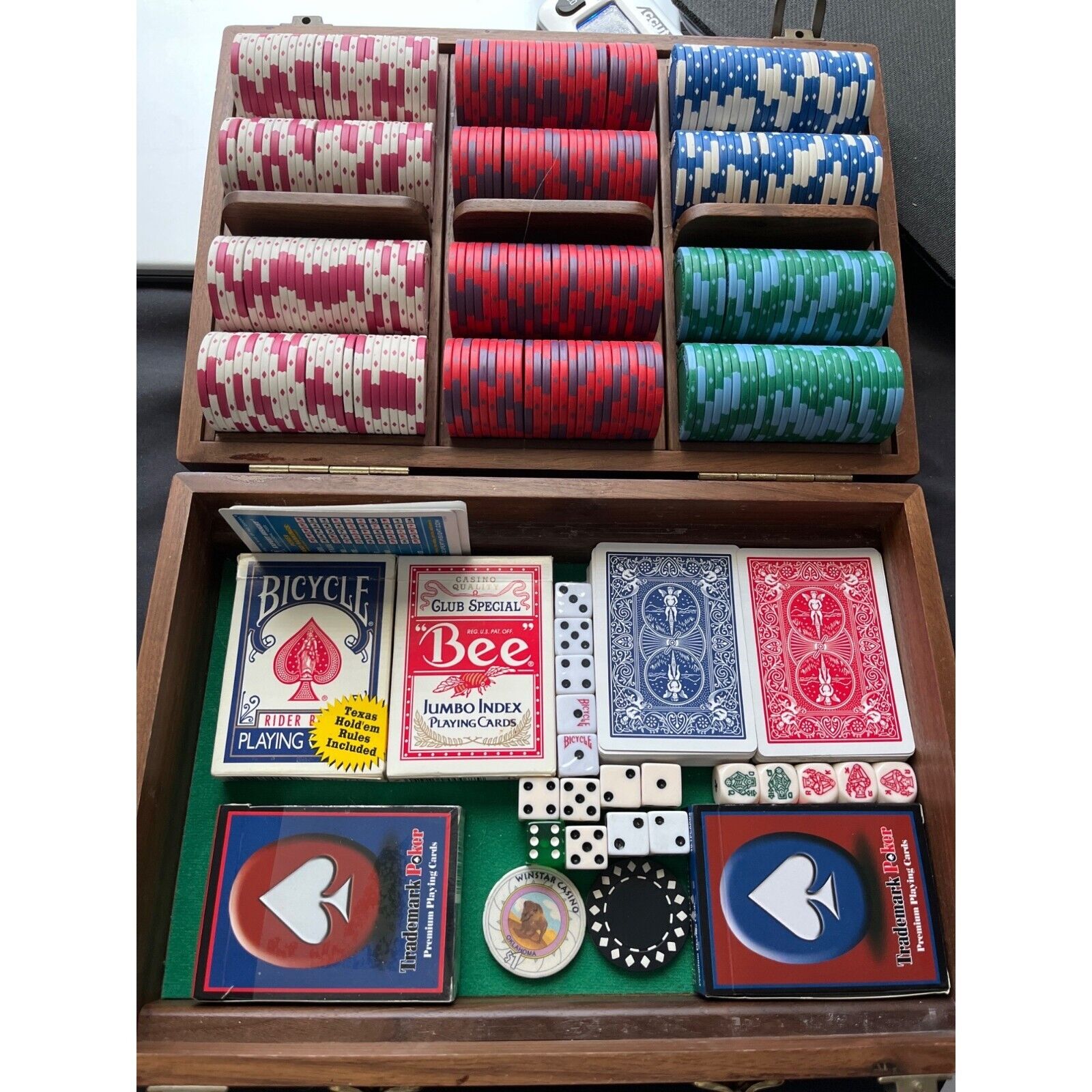 Vintage Poker Set Wood Case 300 Chips Winstar Casino Chip MartelAdvertising Dice