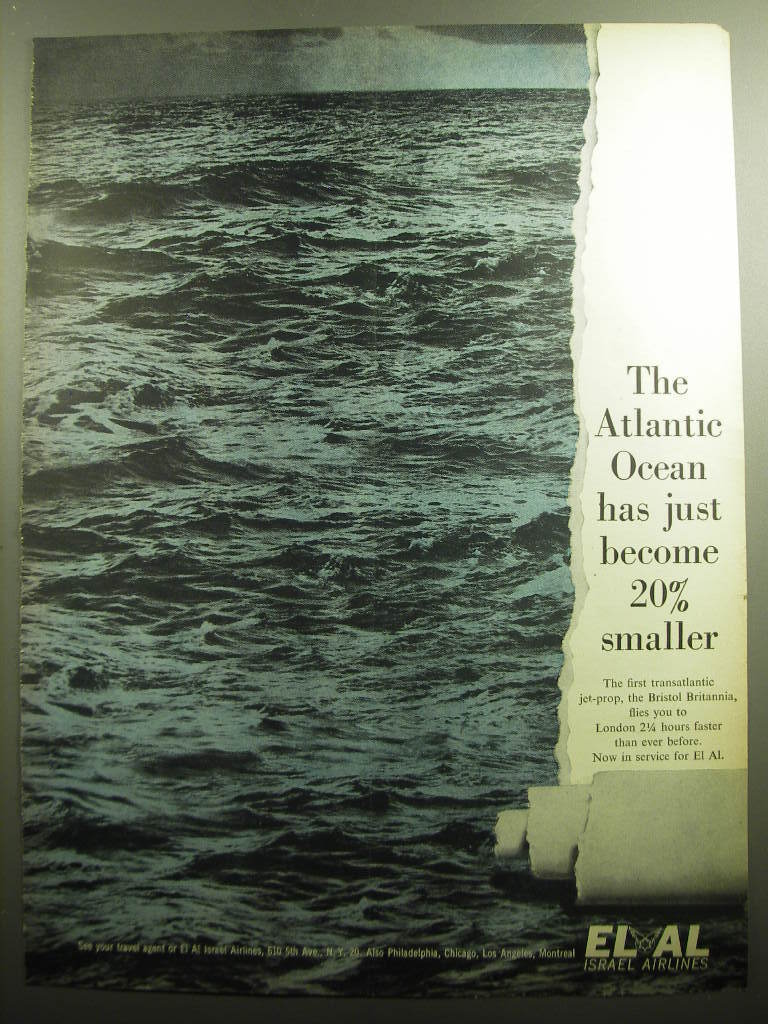 1958 El Al Israel Airlines Ad - The Atlantic Ocean has just become 20% smaller