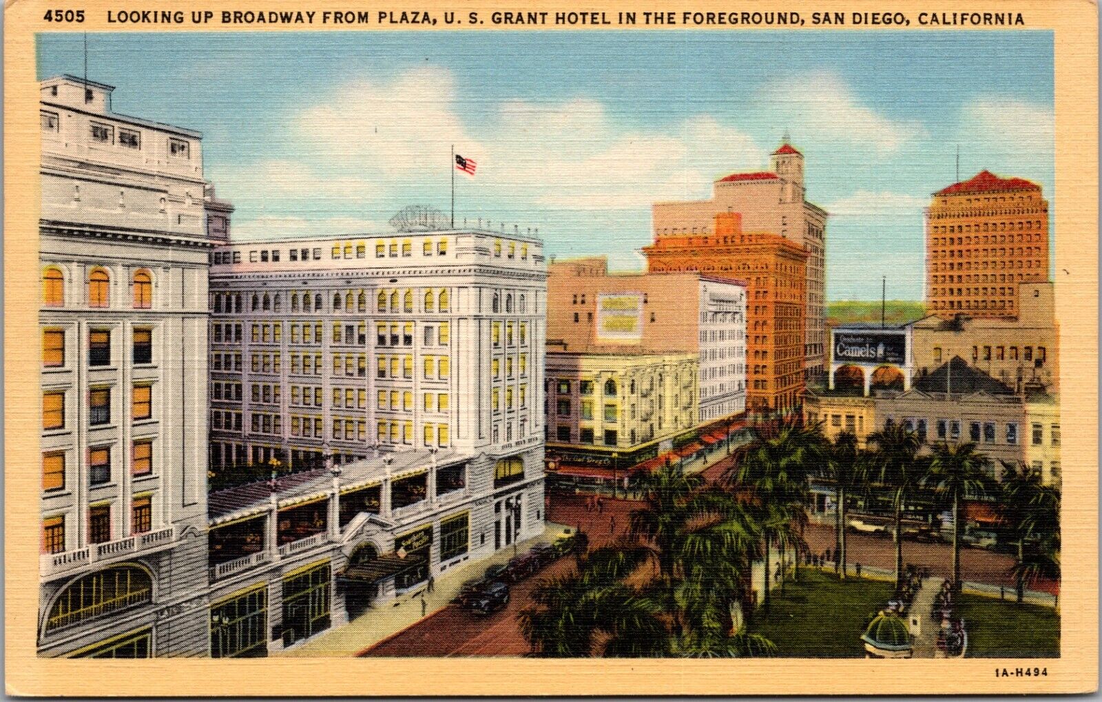 San Diego CA 1931 Brdwy Plaza Grant Hotel Cars Palms Camels Sign Teich Postcard 
