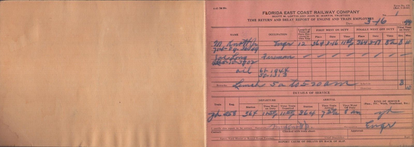 Vintage 1944 Florida East Coast Railway Company Return and Delay Report Employee