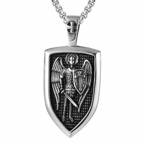 MOYON Saint St Michael Archangel Medal Shield Pendant Necklace Stainless Steel