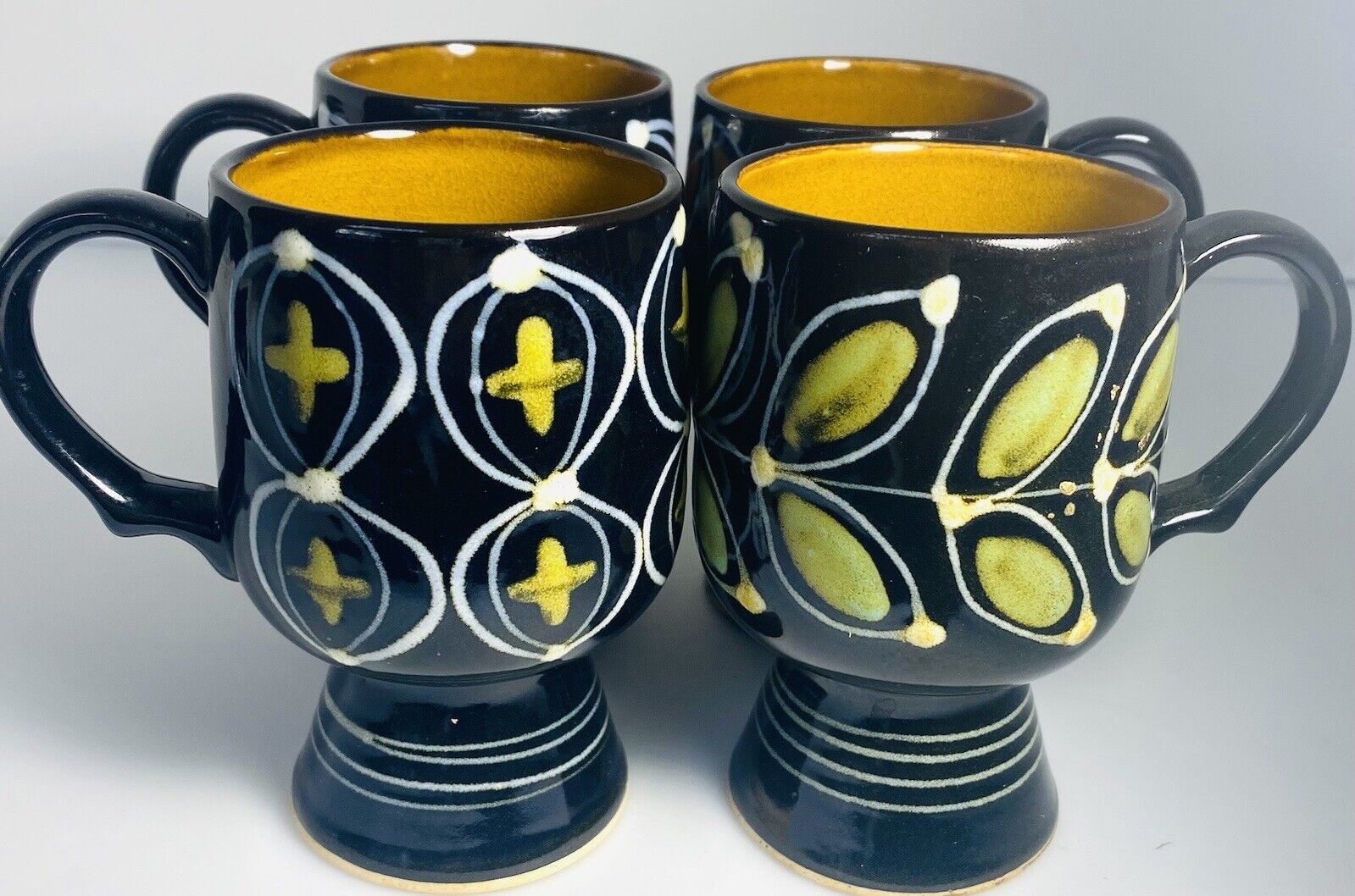 Vintage Otigari Pedestal Navy Amber Botanical Coffee Tea Mugs