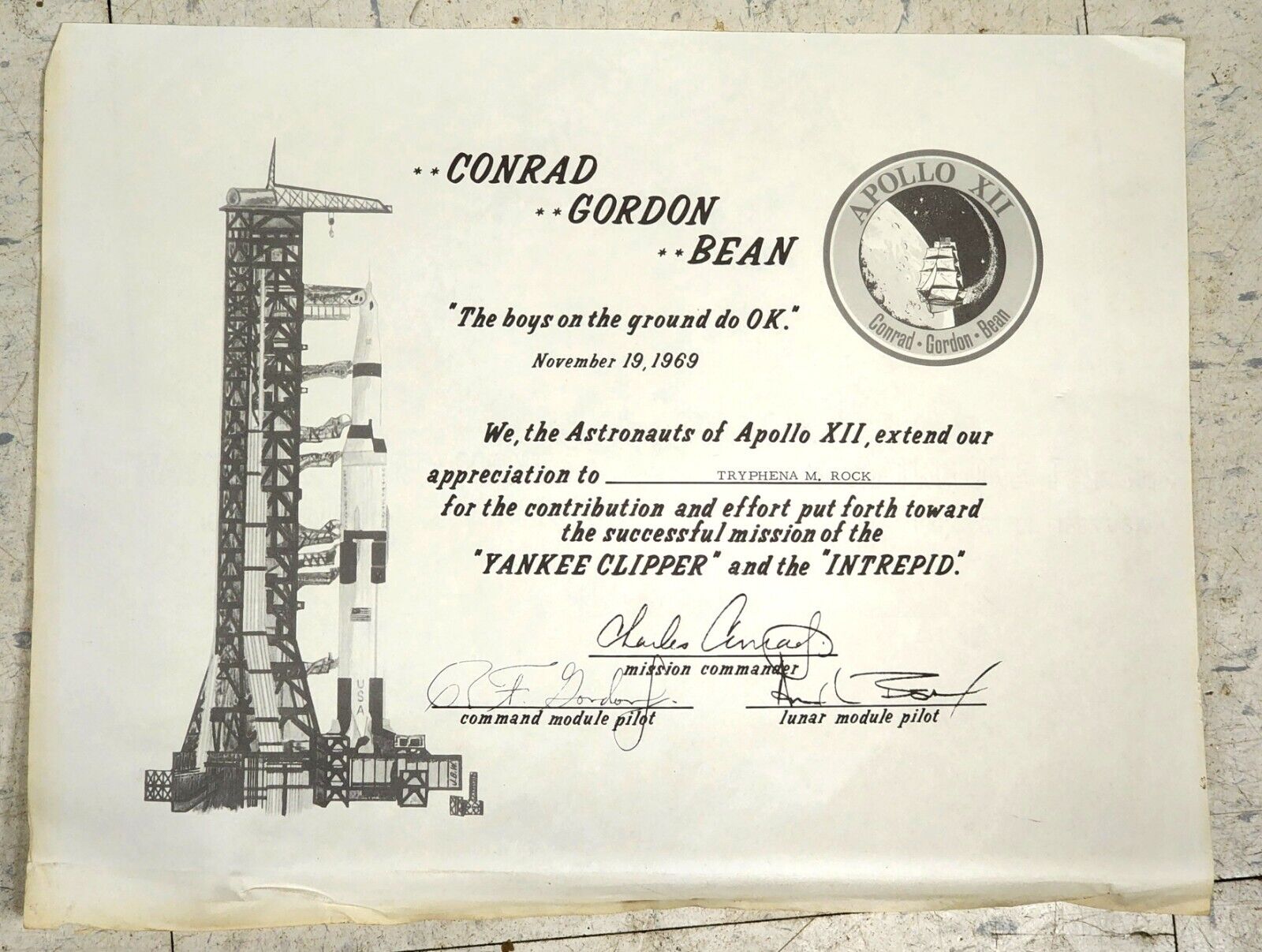 APOLLO 12 MOON LANDING 1969 NASA Award For Contribution 2 Space Program