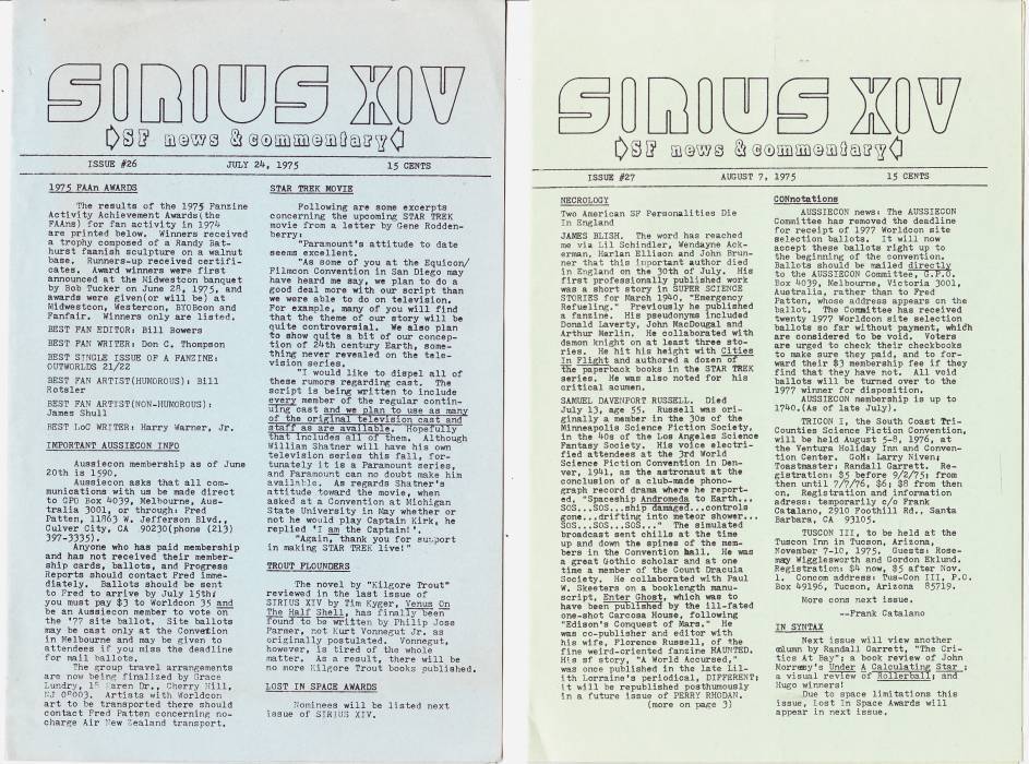 SIRIUS SF NEWS & COMMENTARY #26 & #27 - 1975 Science Fiction fanzine