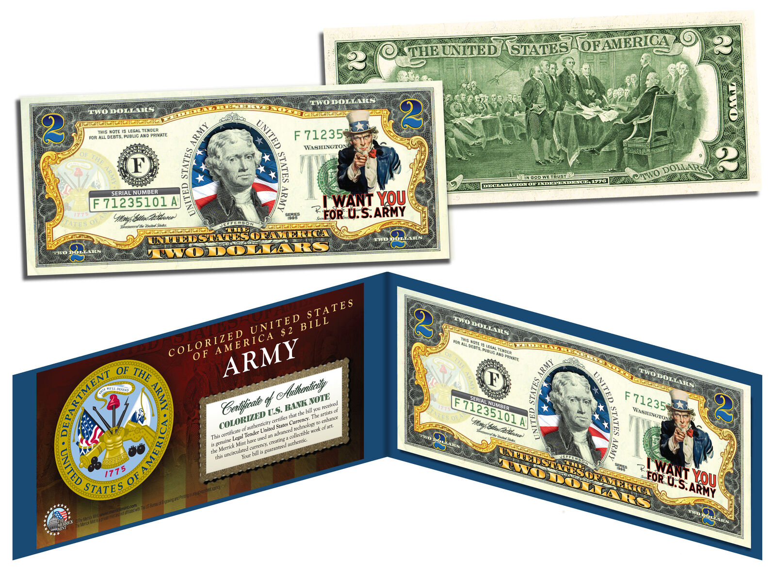 US ARMY WWII Vintage Genuine Legal Tender Colorized U.S. $2 Bill