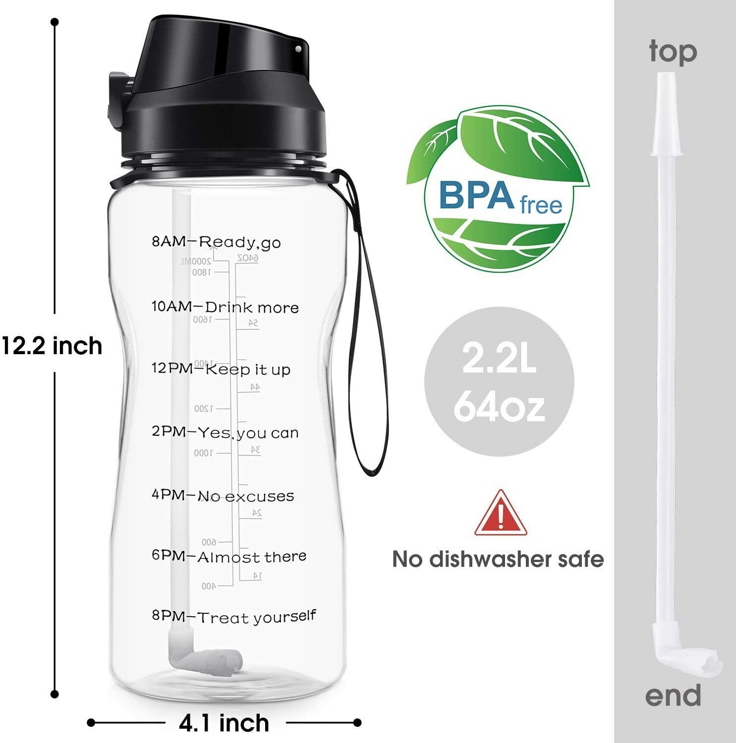 Motivational Water Bottle BPA Free 2.2L/64oz Jug with Straw and Time Tracker Gym