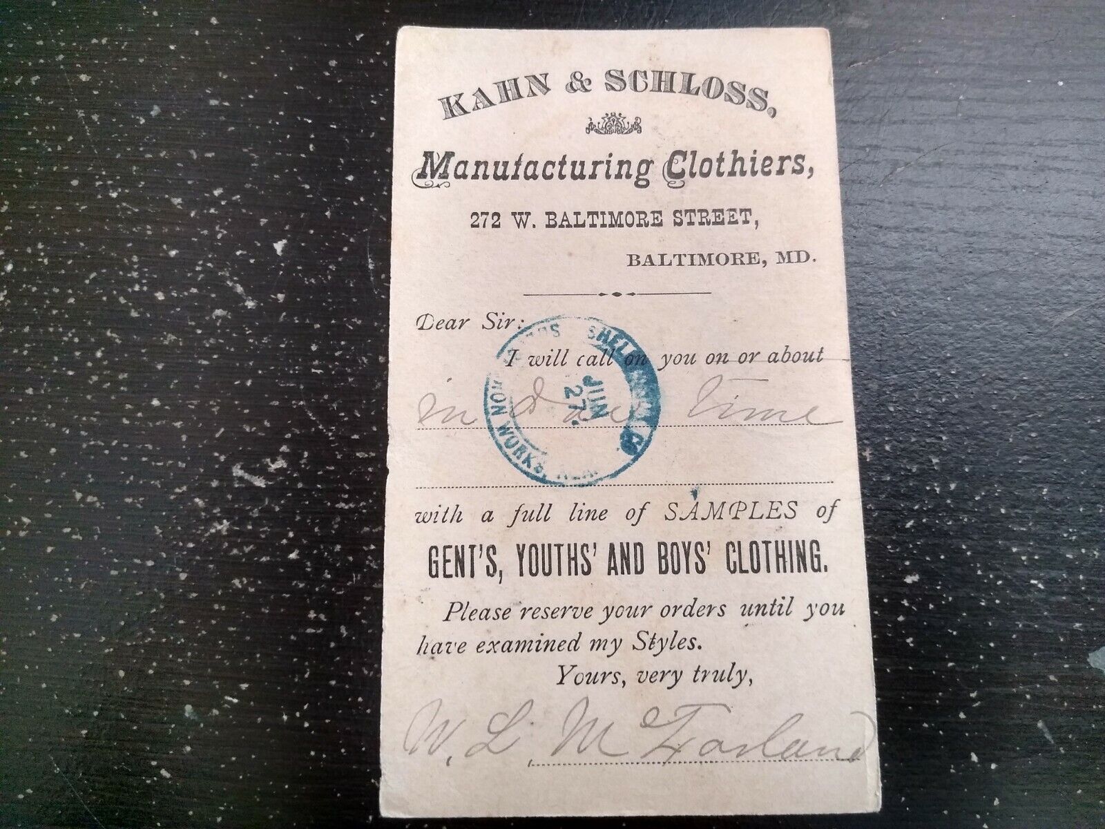 Khan and Schloss manufacture clothiers Baltimore MD Vintage Advertising Postcard