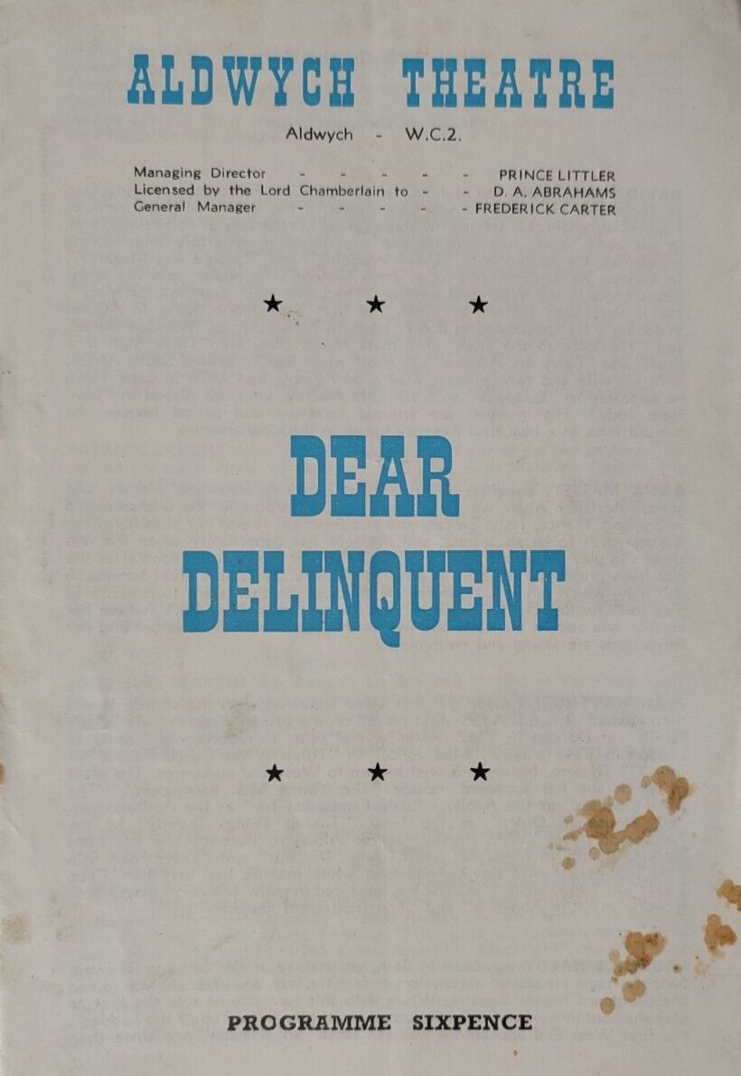 Dear Delinquent 1957 Aldwych Theatre Programme.Patrick Cargill/Anna Massey+