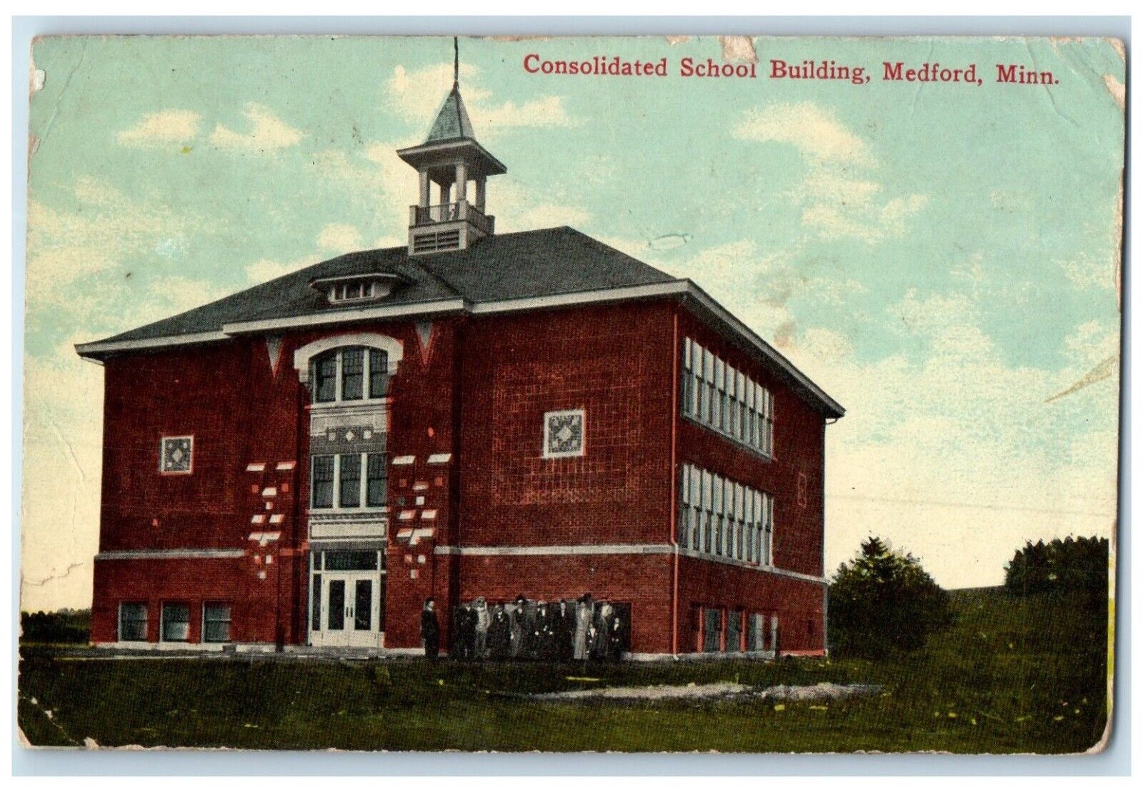 1920 Consolidated School Building Exterior Medford Minnesota MN Vintage Postcard