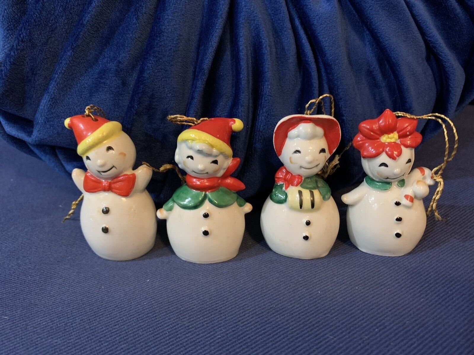 Vintage 1950s Boy and Girl Snowmen Family Bell Mini Ornaments 2.5” Set Japan