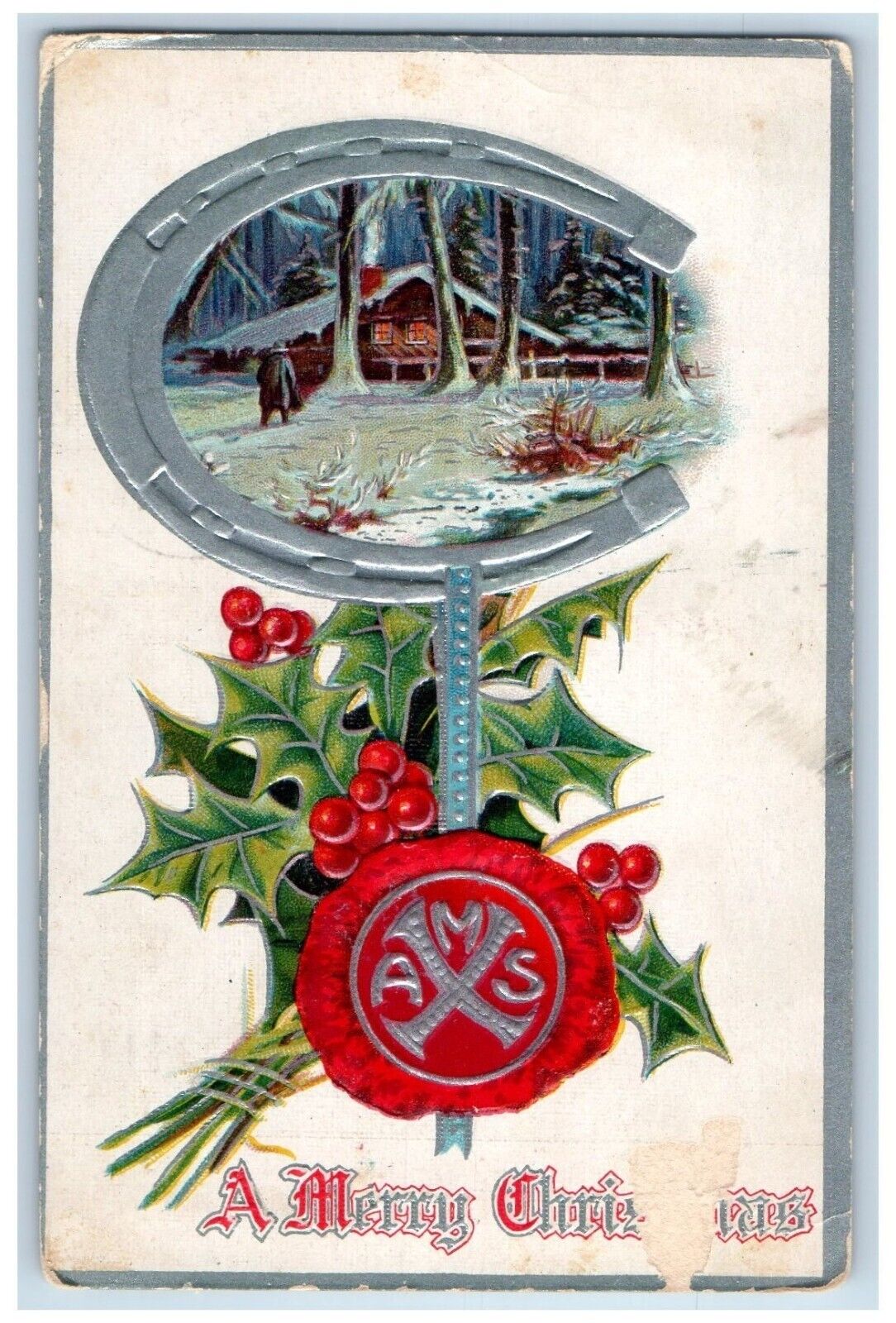 1909 Christmas Horseshoe House Holly Berries Embossed Holyoke MA Postcard
