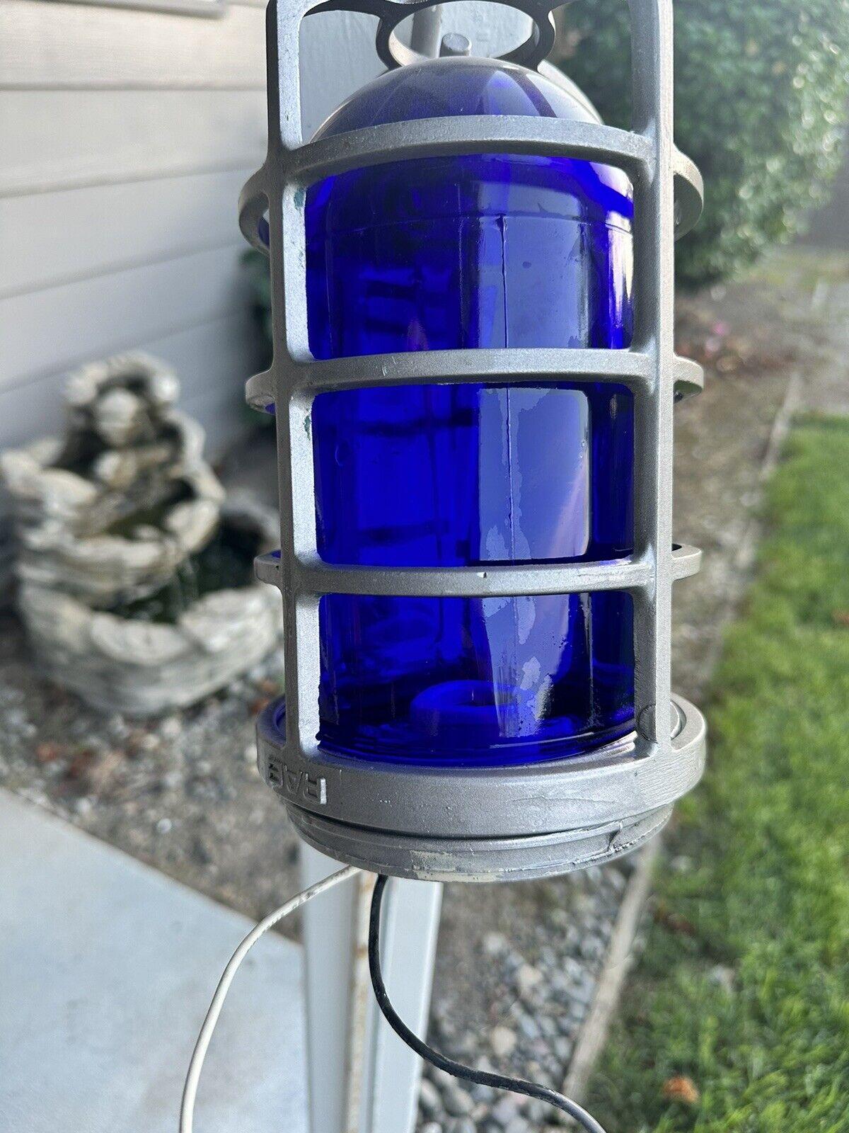 Vintage Lg Industrial Light Fixture Cage Bright Blue Glass