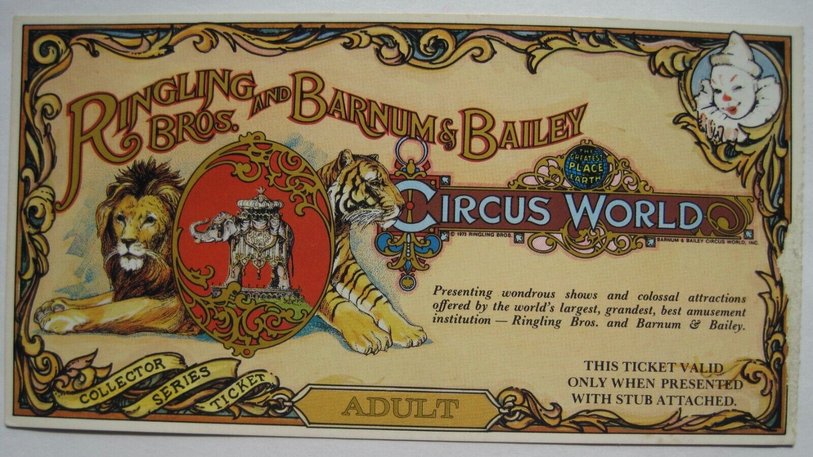 Ringling Bros., Barnum & Bailey Circus World Ticket; 1973 Collector Series