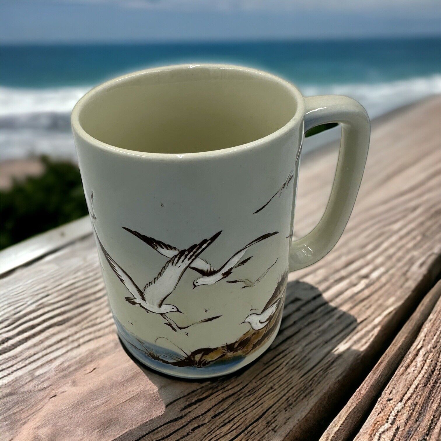Vintage Otagiri Coffee Mug Seagulls Ocean Blue White 8 oz Cup Japan 5”