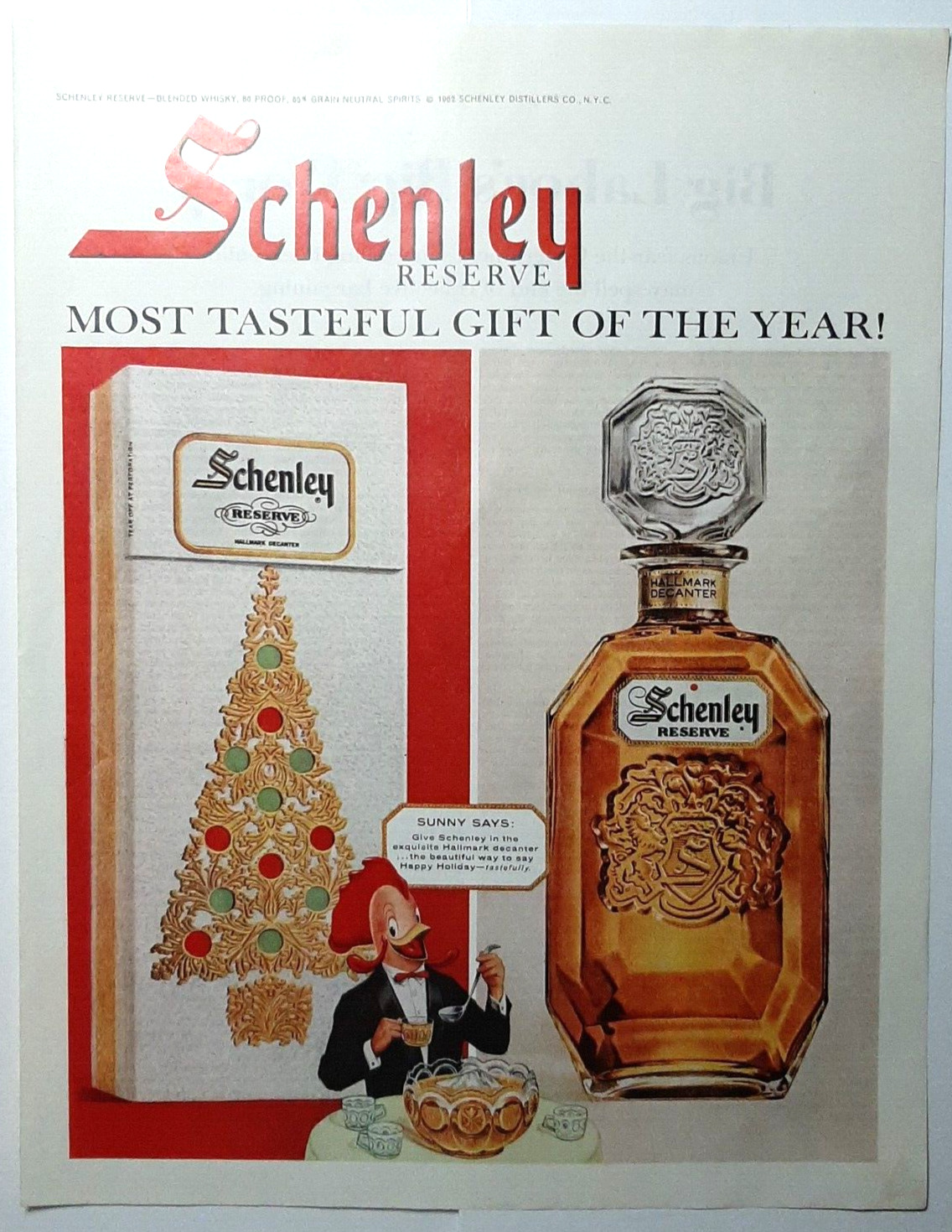 1962 Schenley Vintage Print Ad Reserve Blended Whiskey Hallmark Decanter Holiday