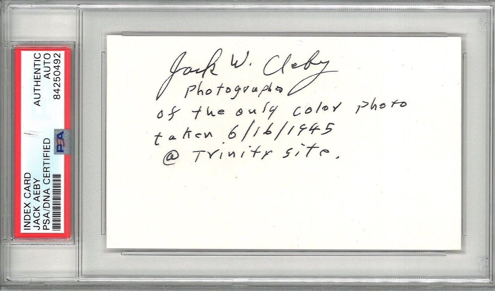 JACK AEBY SIGNED INDEX CARD PSA DNA 84250492 (D) TRINITY SITE PHOTOGRAPHER