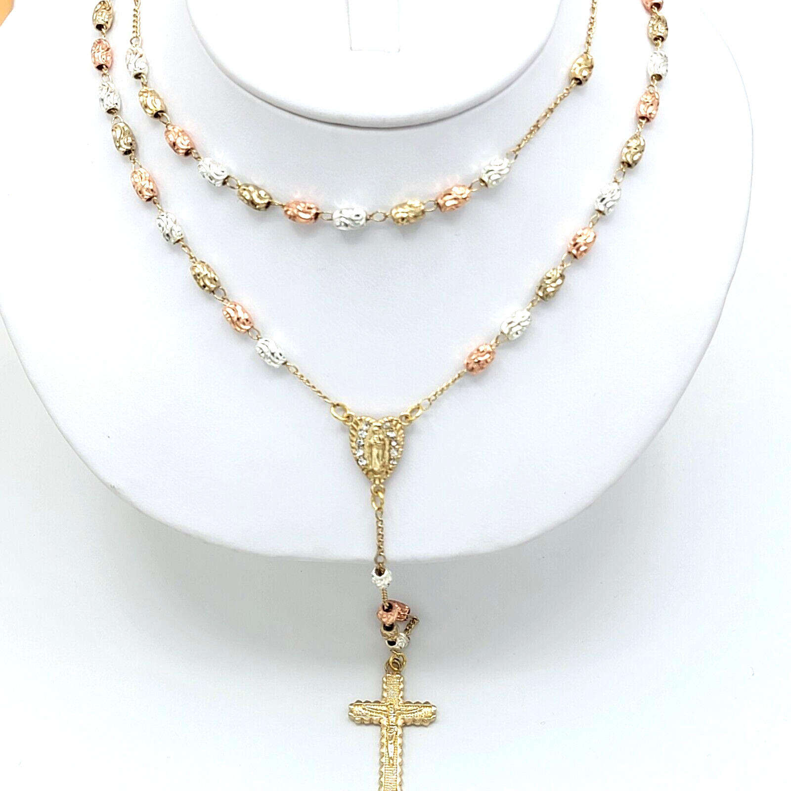 Gold Plated Rosary Necklace, Rosario Virgen de Guadalupe Oro Laminado. 26 in