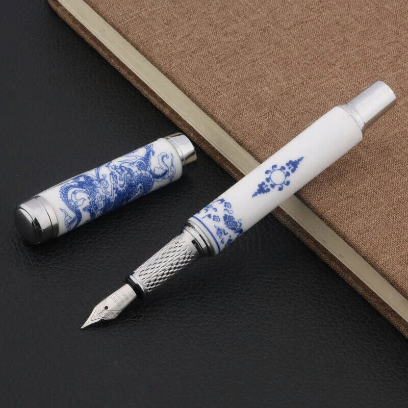 Jinhao 955 Fountain Pen & Converter, Medium Nib, Ceramic Porcelain, Blue Dragon