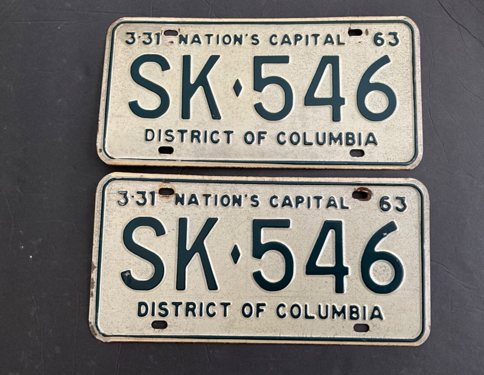 Pair 1963  District of Columbia License Plate Tags SK 546 Washington D.C. DC