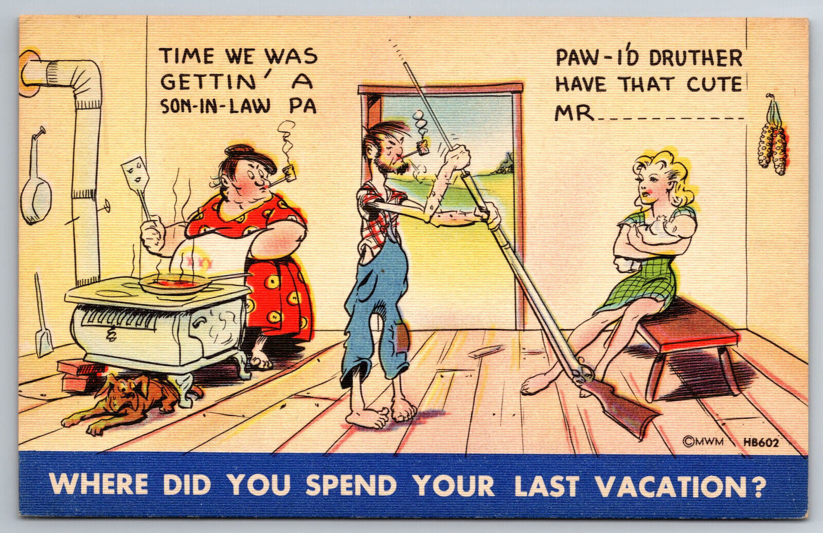 Vintage Postcard Funny Humor Cartoon Hillbilly Pretty Woman Shotgun Wedding