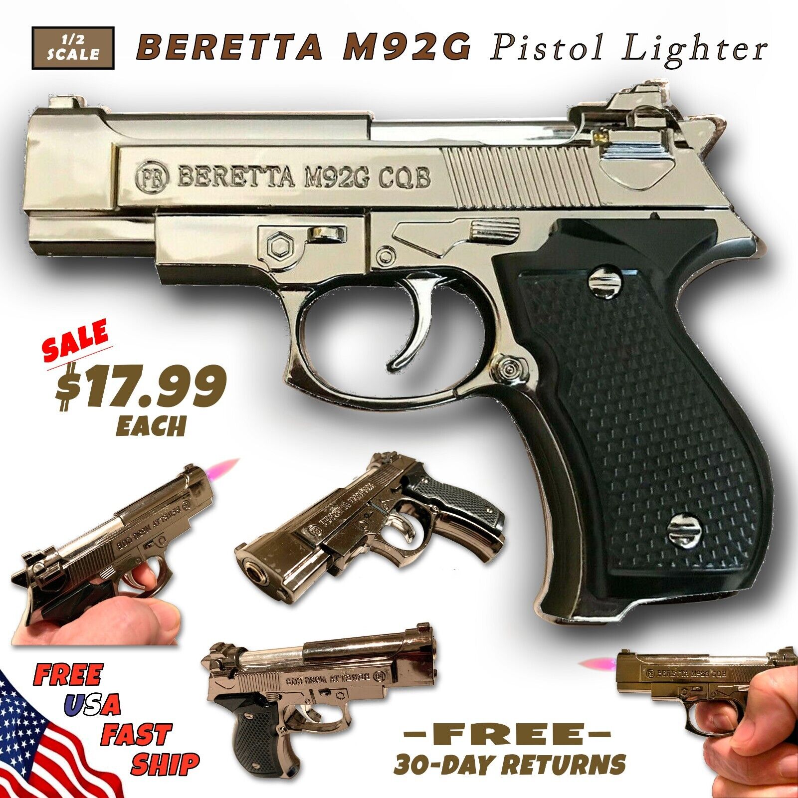 Authentic Looking Beretta M92G Jet Torch Pistol Gun Lighter - Trigger Activated