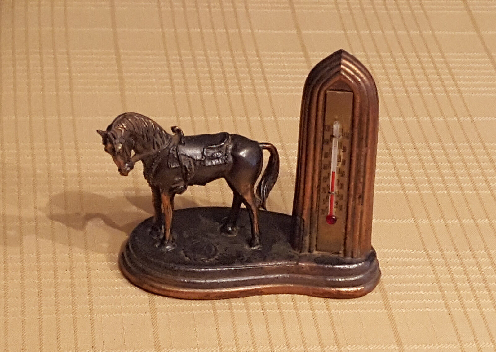 Vintage Cast Metal Horse & “Cathedral of Learning” Souvenir Thermometer Statue