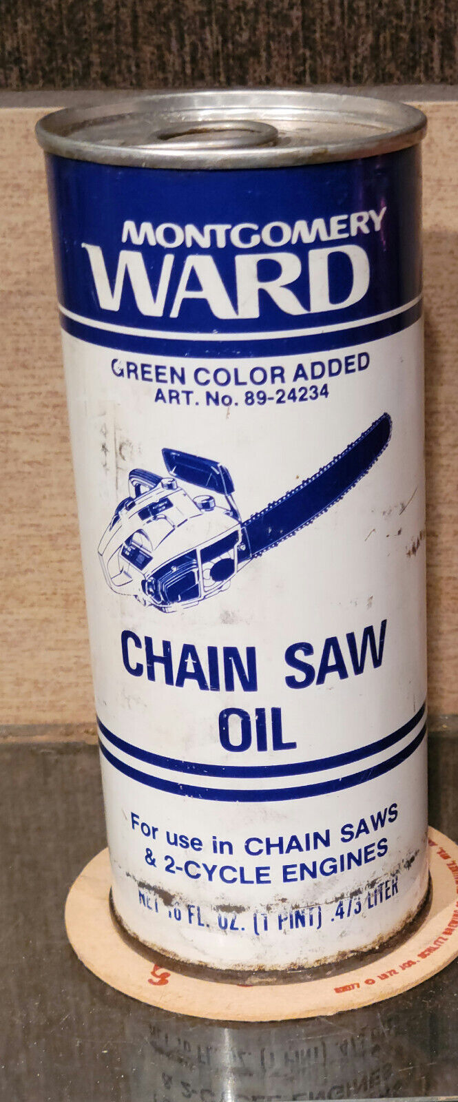 1960s FULL MONTGOMERY WARD Chainsaw Oil Metal Can 16 oz 2 Cycle Engine Oil