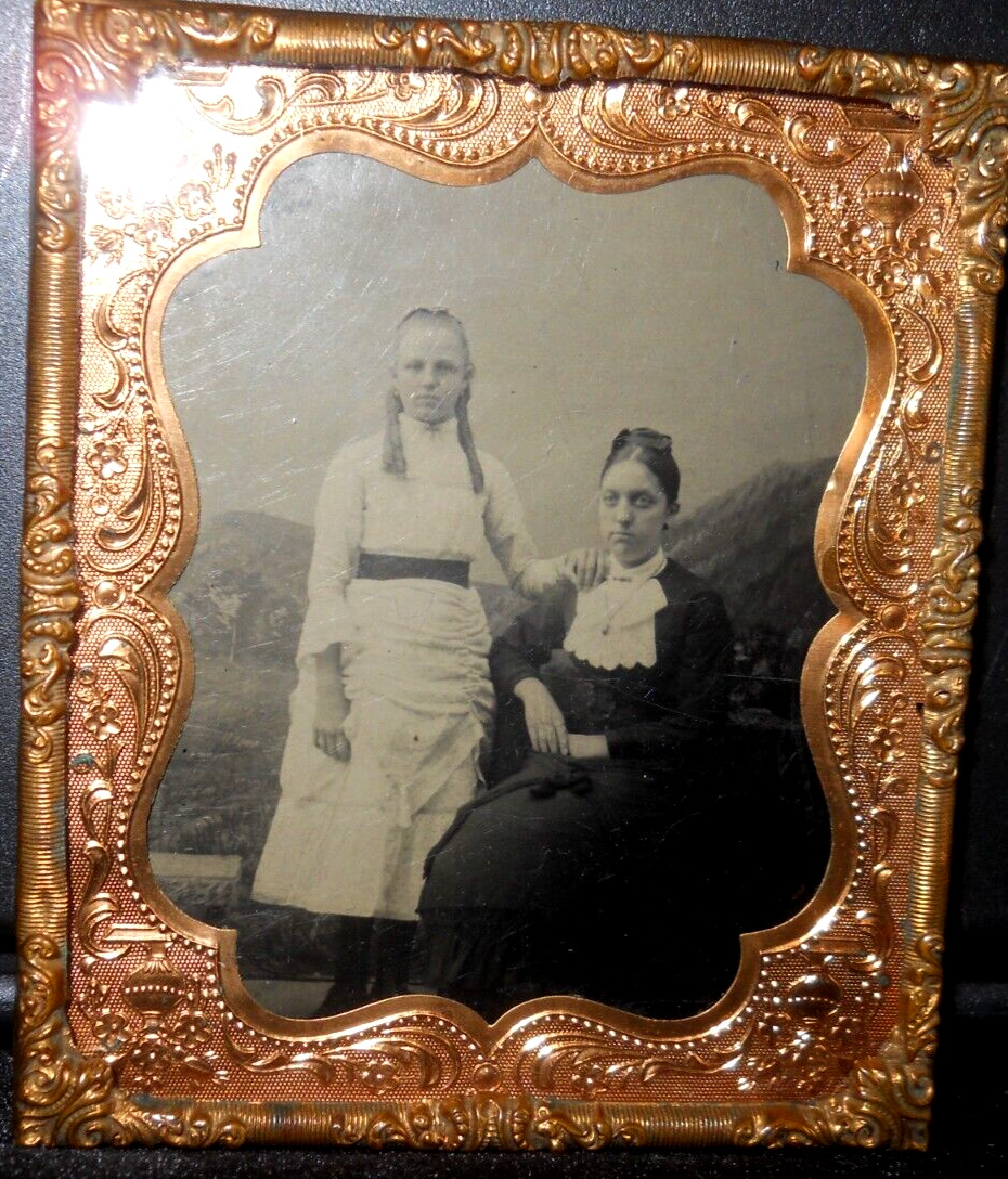 Very Nice 1/6th size Tintype of young girl and mom in brass mat/frame