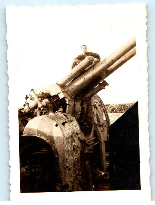 Vintage Photo 1944 WW2, US Navy Sailor Posed on Double Barrel Cannon, 3.5 x 2.5