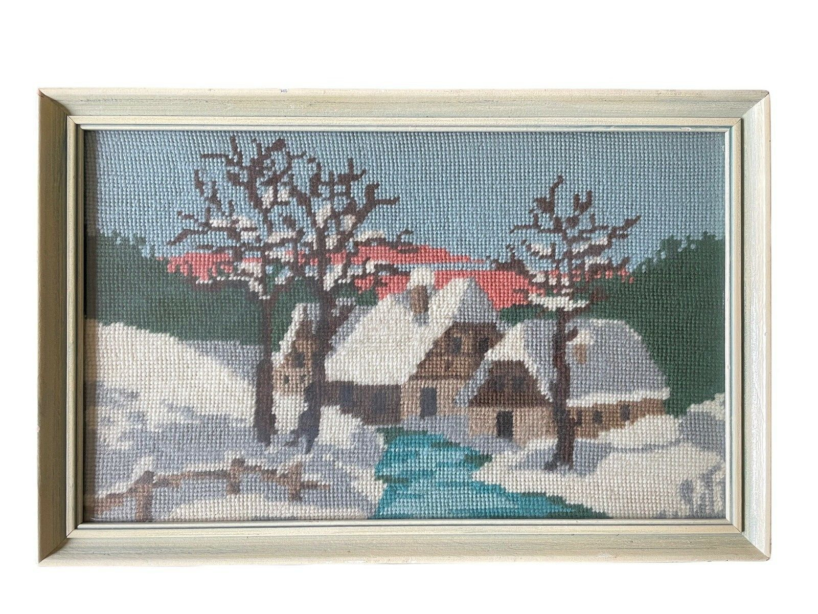 Vtg 60s MidCentury Needlepoint Completed Cabin Cottage Scenic Winter Frame 15x9
