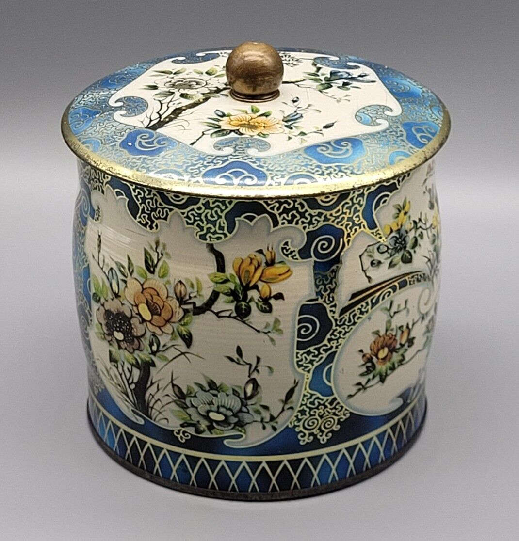 Vtg Daher Tin Blue Floral Victorian Design Knob Lid Tea Biscuit Cannister 5.5\