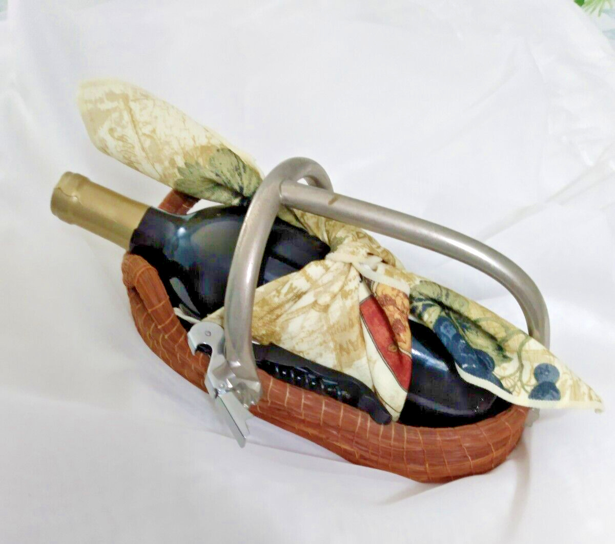 Vintage Handcrafted Wine Basket of Long Pine Needles Ornate Metal Handle