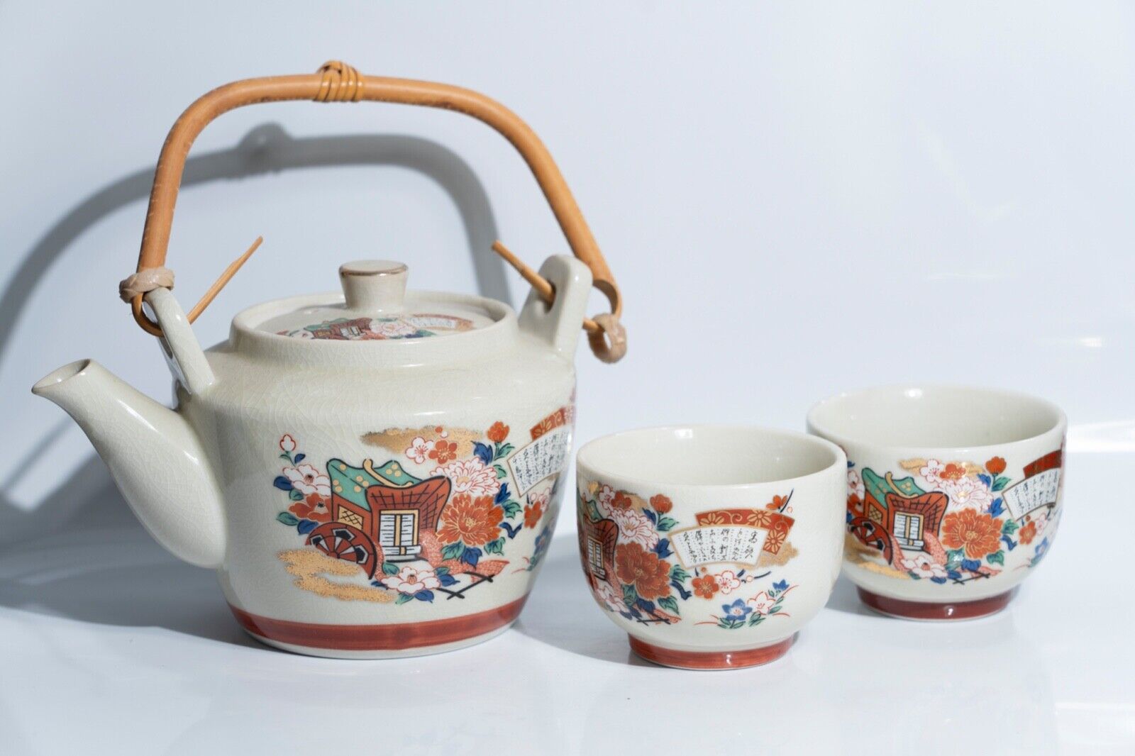 Vintage Pier One JAPANESE Porcelain Tea 3pc Set Hand Painted Bamboo Wood Handle