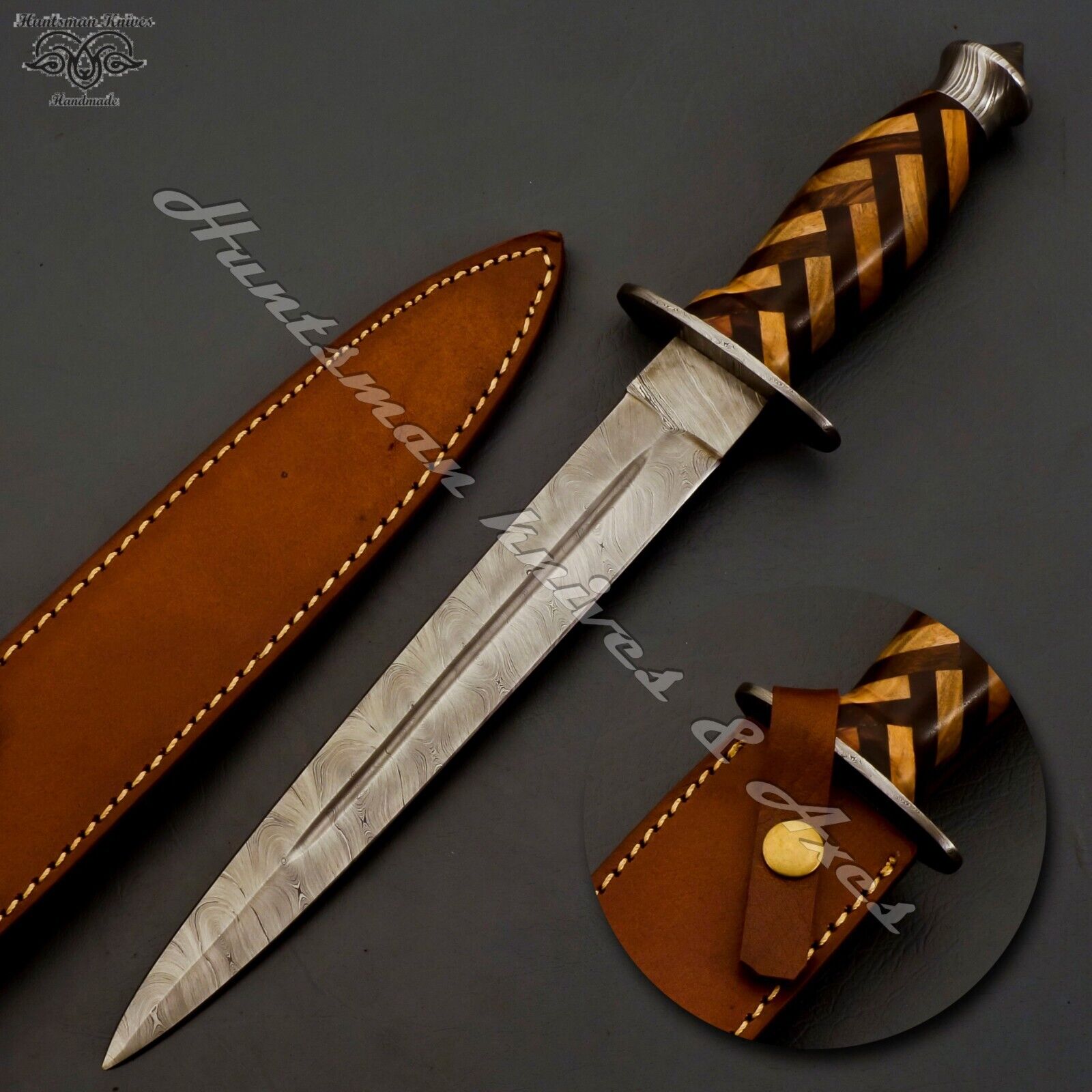 Custom Made Hand Forged Double edged Damascus Dagger Wooden Stacked W/ sheath