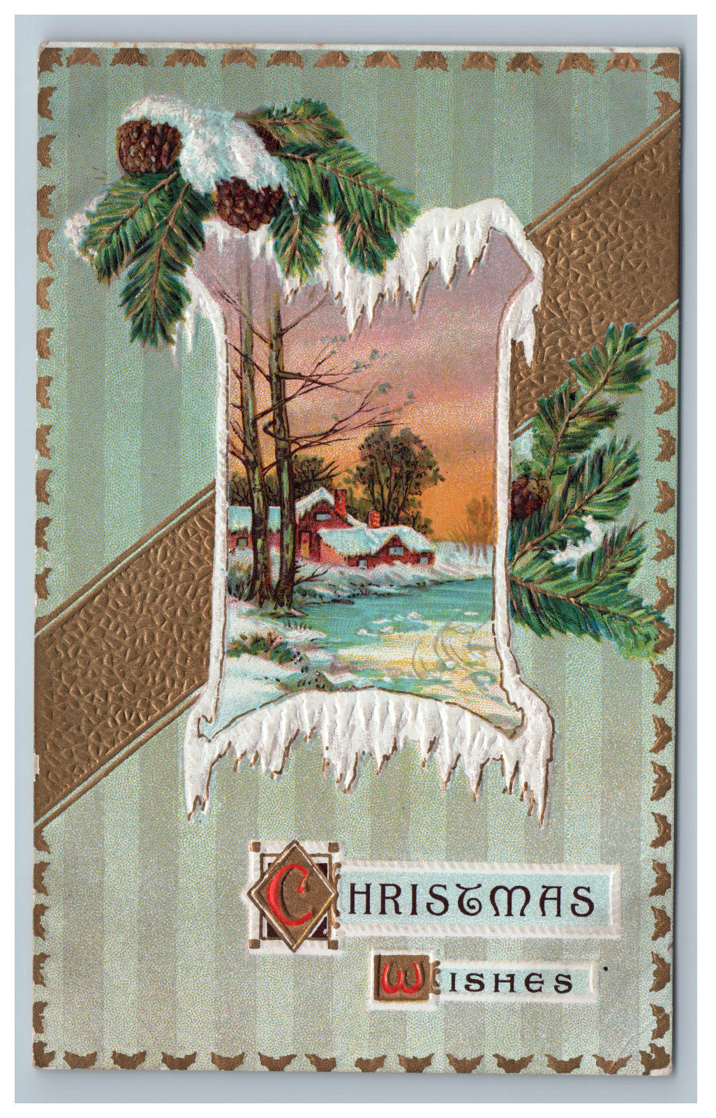 Christmas Wishes Gorgeous Postcard Winter Scene Embossed Gold Gild