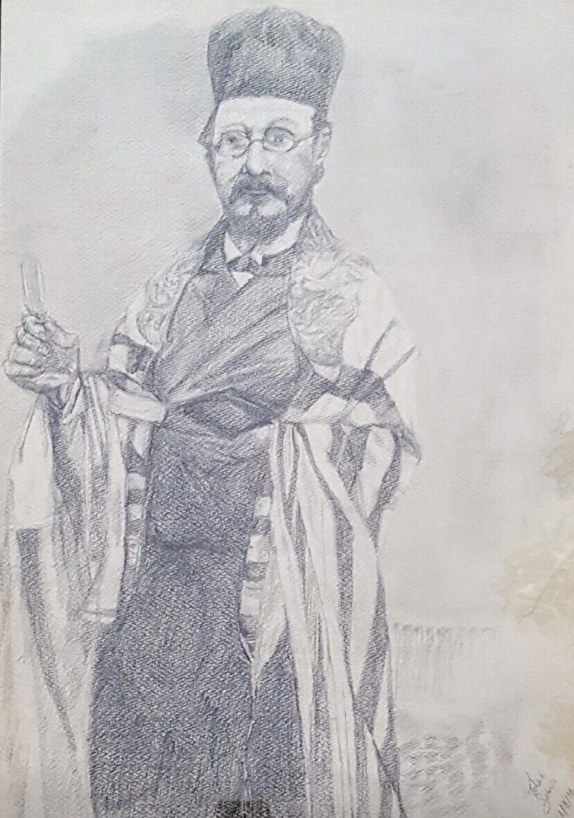 Antique Pencil Drawing Jewish Man 1916 Hasidic Orthodox Jew Original Portrait