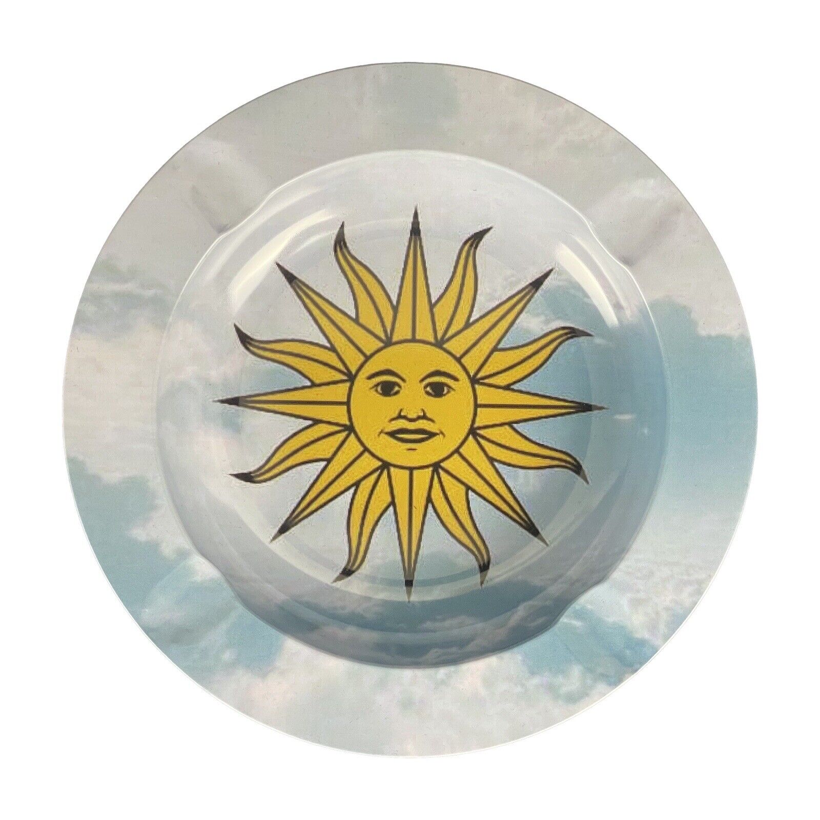 Ashtray “Sun Face in Clouds” 5.5” Circle Metal Tray Tobacco Smoke Accessories