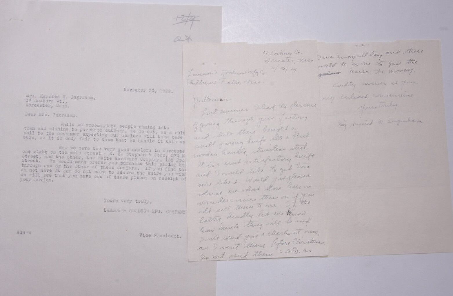 1929 Lamson Goodnow Harriet M Ingraham Worcester MA Hand Written Ephemera L604L