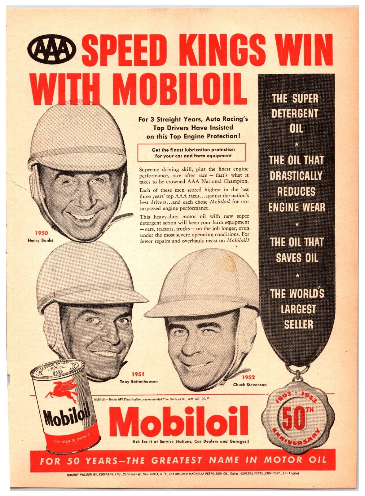 Original 1952 - Mobil Oil Speed Kings - Original Print Advertisement