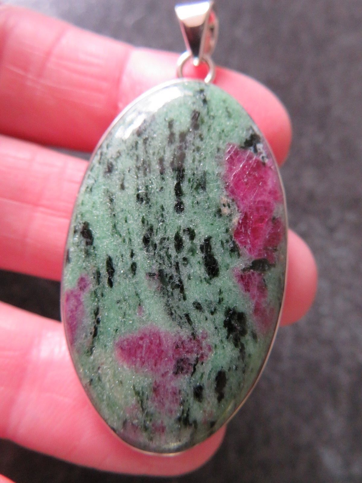 GORGEOUS RUBY IN ZOISITE (ANYOLITE) (51 mm) STERLING SILVER A GRADE PENDANT (1) 