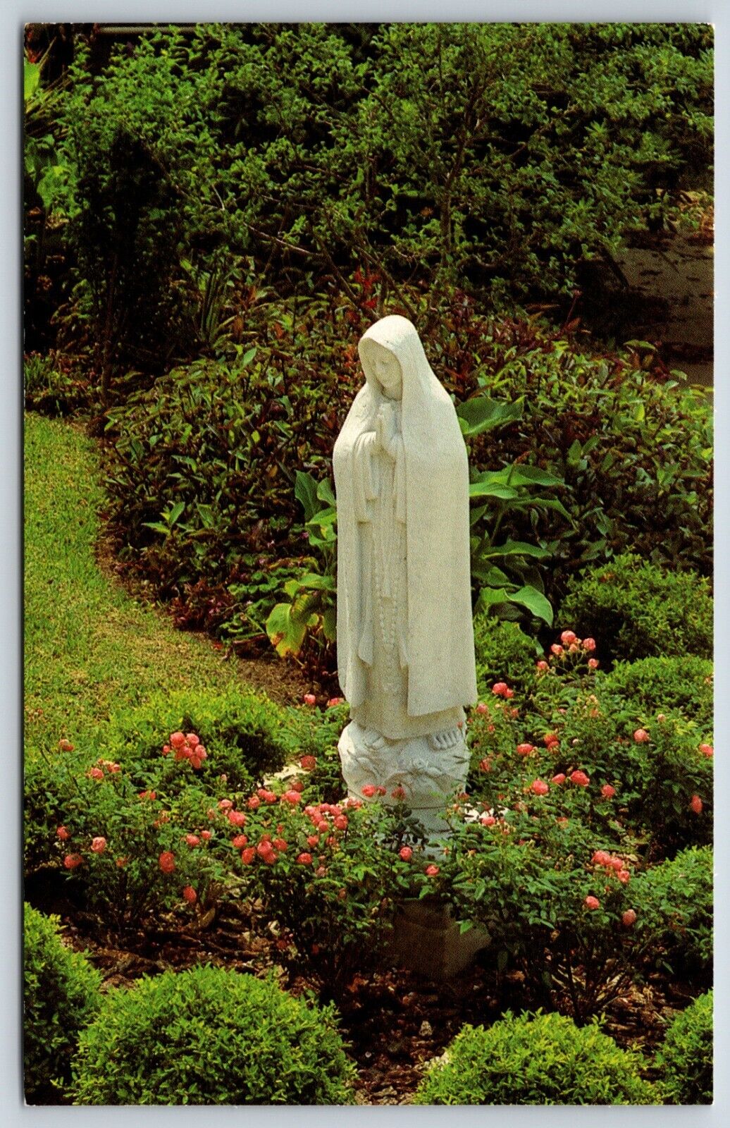 Postcard Bishop\'s Palace, Statue Of Blessed Mother In The Garden, Galveston TX
